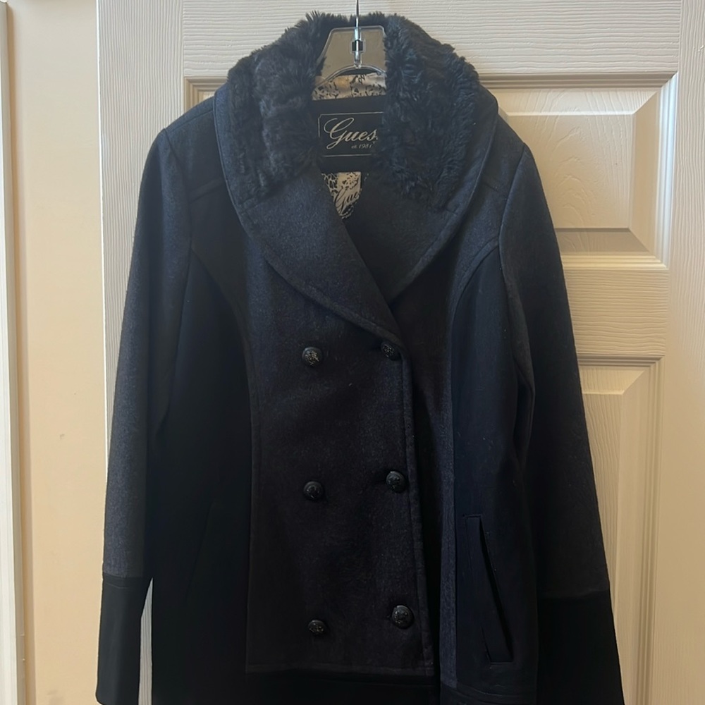 Guess grey and black pea coat with tags! Never been worn! Cheat/snakeskin inside